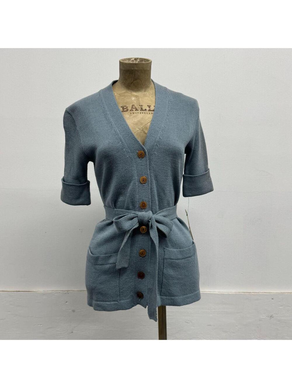 Vintage 1970s Slate Dusty Blue Fine-Knit Belted Safari Cardigan Top